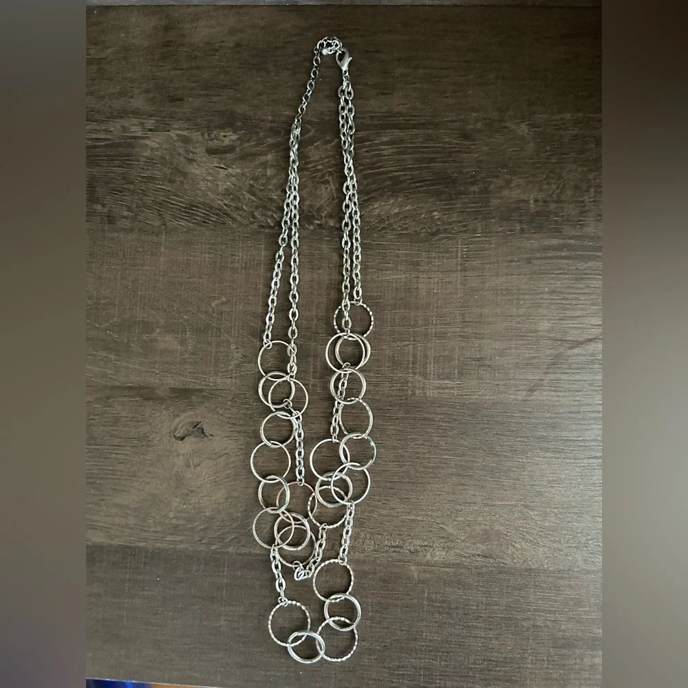 Silver Multi-Ring Layered Necklace Women's Jewelry 2 Strand Chain